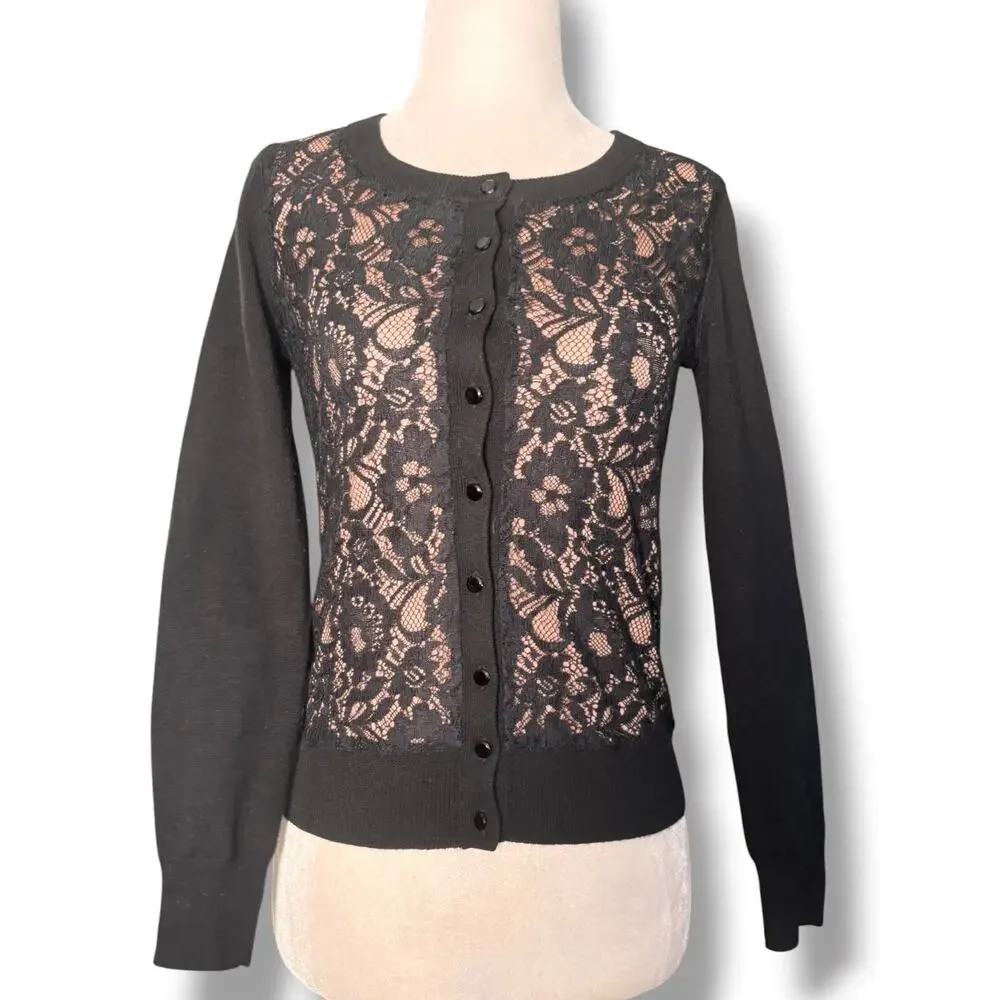 Banana Republic Petite XS Black Lace Cardigan Sheer Floral Knit Button Front